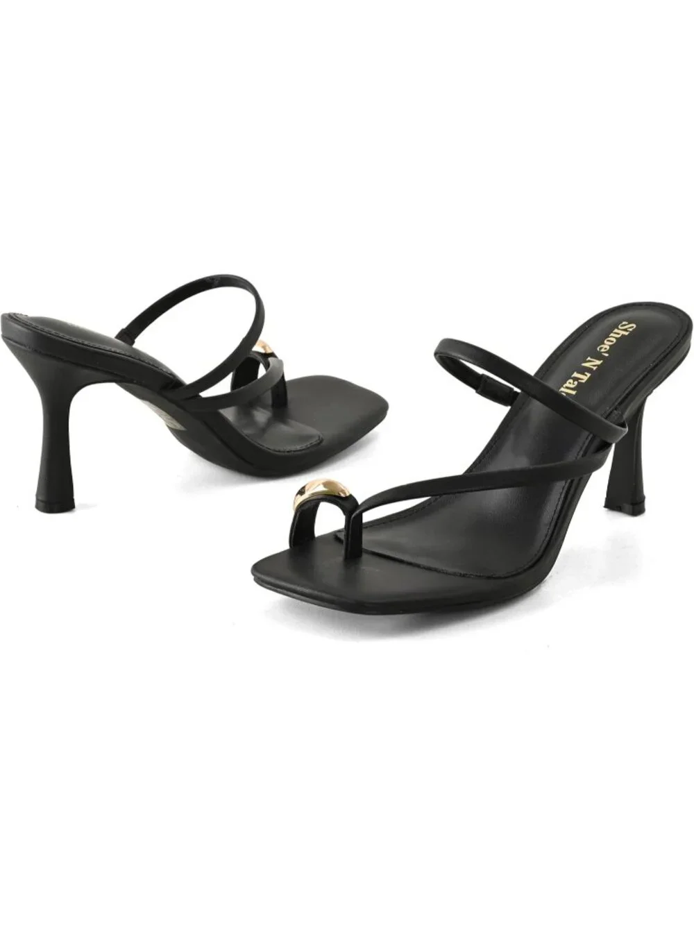 Women's Black Summer Open Square Toe Slip On Thong Strappy Stiletto Mule Heels